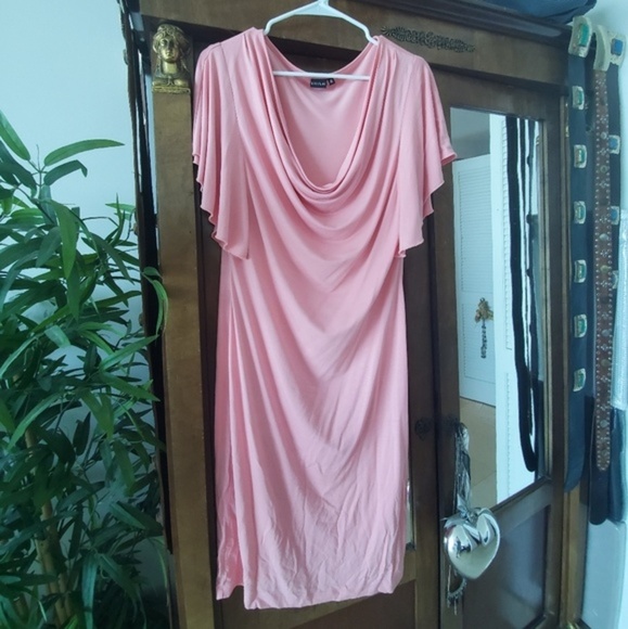 Dress pink L draped collar short sleeves - Picture 1 of 4
